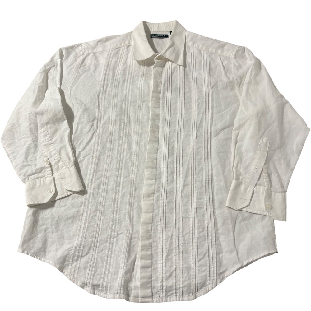 Cubavera Mens L White Linen Blend Long Sleeve Pintuck Pleated Guayabera Shirt